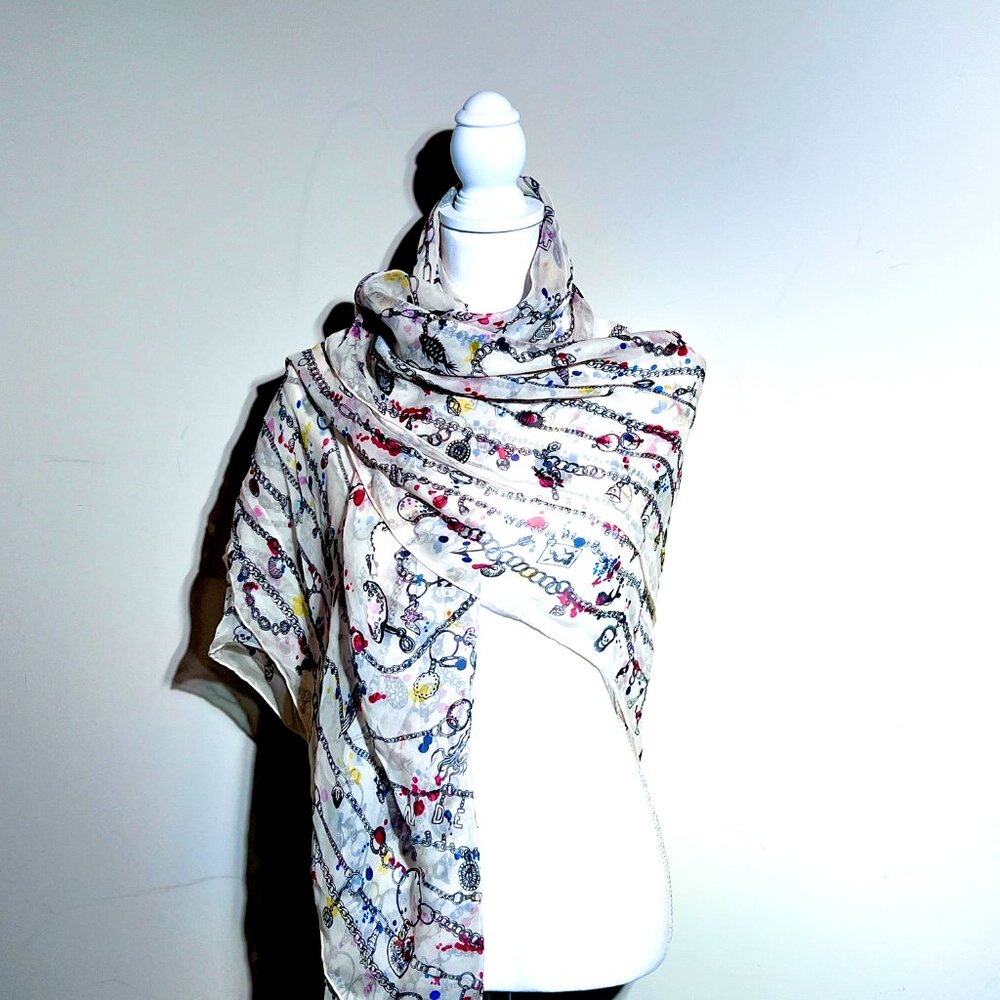 Alexander McQueen Lg Square Silk Charm Bracelet Shawl/Scarf Cream/Blk./Red/Blue